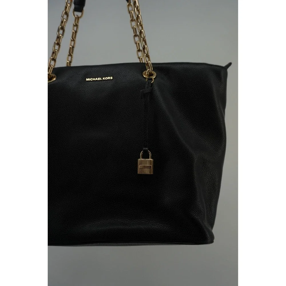 Michael Kors Tote Bag Pebbled Leather Gold Chain Old Money Padlock Black Large
